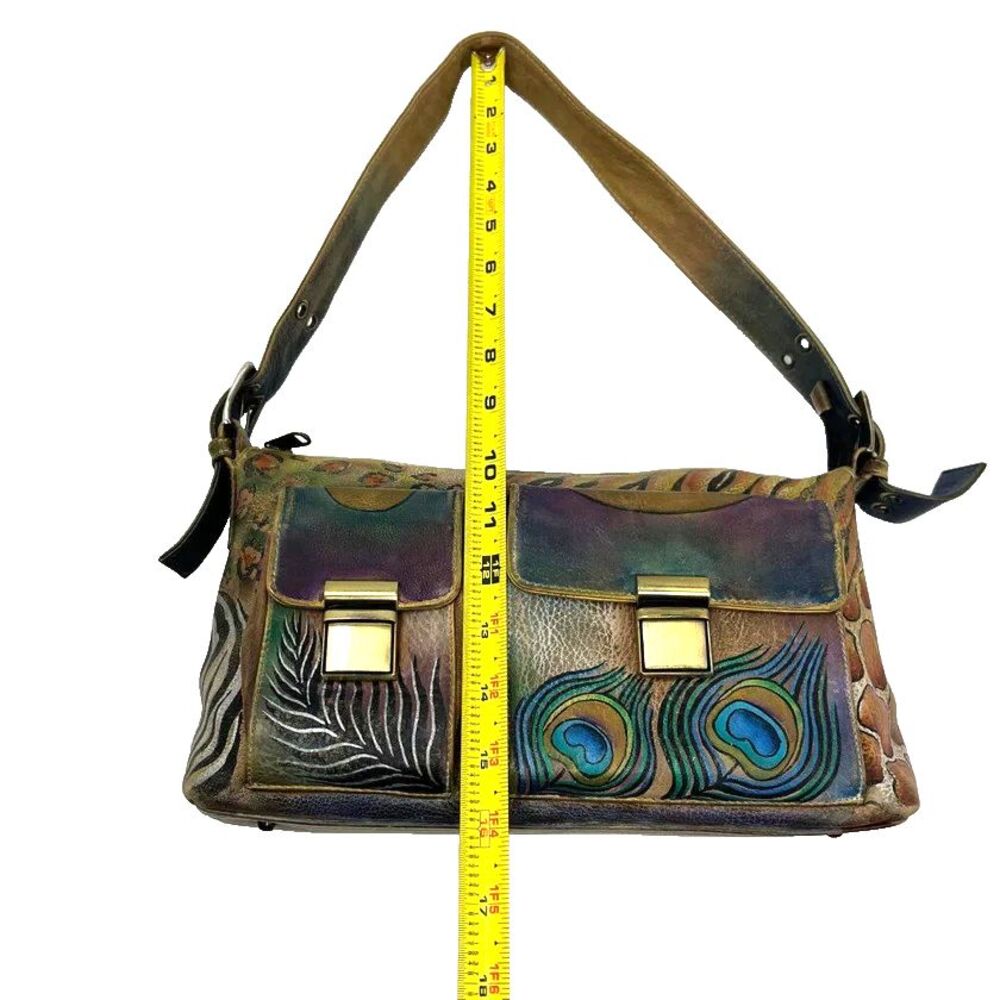 Anuschka Hand Painted Leather Shoulder Bag Peacock Animal Print Gold Hardware